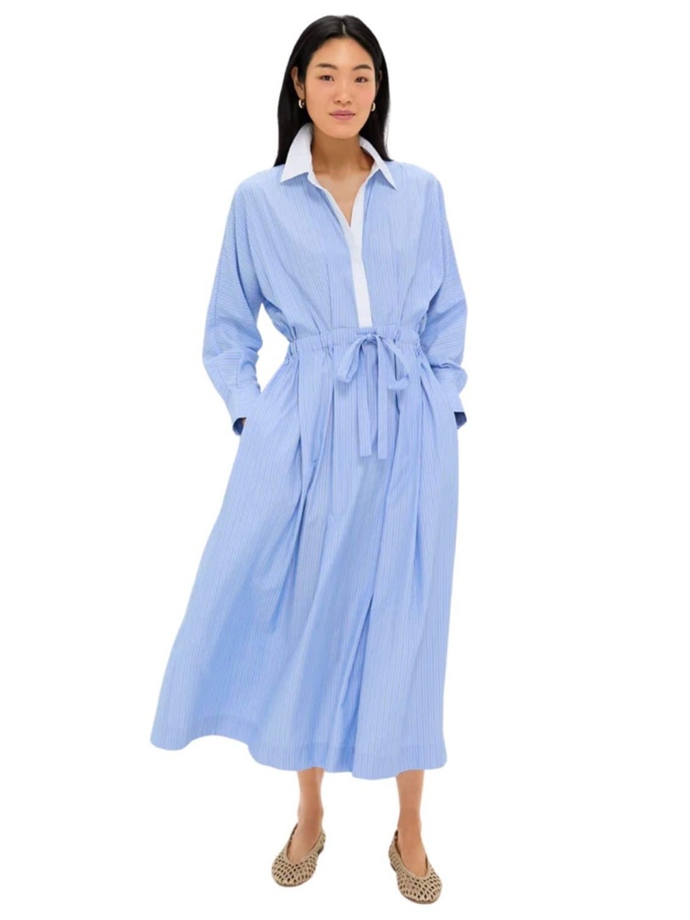 Tuckernuck Anna Cornflower Blue Striped Tie-Front Dress Pockets Large NWT $168